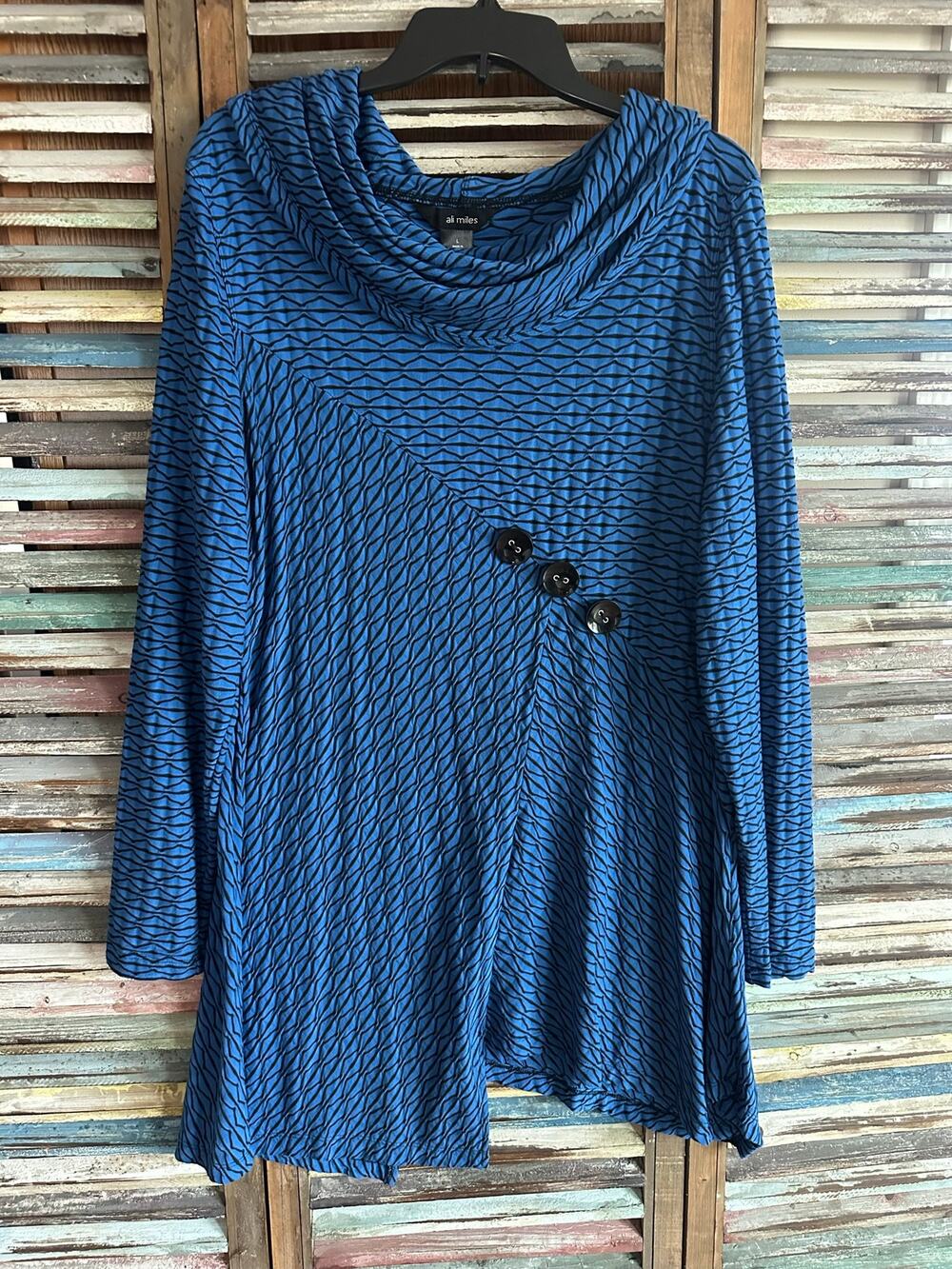 Ali Miles Blue Black Texture Tunic Top L Lagenlook Flowy